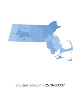 Massachusetts, MA - detailed political map of US state. Administrative map divided into counties. Blue map with county name labels. Vector illustration