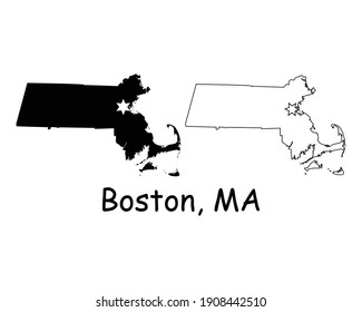 Massachusetts MA state Map USA con Capital City Star en Boston. Silueta negra y contorno aislado en un fondo blanco. Vector EPS