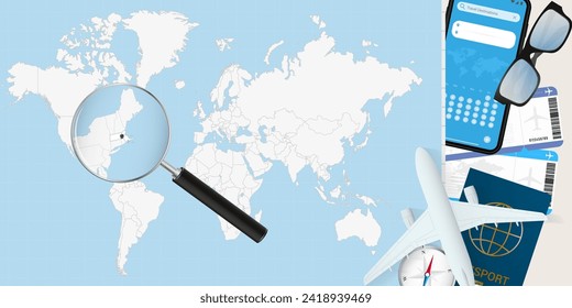 Massachusetts is magnified over a World Map, illustration with airplane, passport, boarding pass, compass and eyeglasses. Vector illustration.