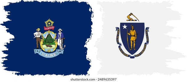 Massachusetts and Maine states grunge brush flags connection, vector