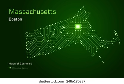 Massachusetts Karte mit der Hauptstadt Boston in einem Mikrochip-Muster gezeigt. In: Boston dynamics, Massachusetts Institute of Technologie. In: United States Vektorgrafik Maps. Mikrochipserie	