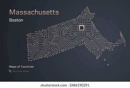 Massachusetts Karte mit der Hauptstadt Boston in einem Mikrochip-Muster gezeigt. In: Boston dynamics, Massachusetts Institute of Technologie. In: United States Vektorgrafik Maps. Mikrochipserie	