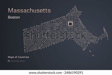 Massachusetts Map with a capital of Boston Shown in a Microchip Pattern. Boston dynamics, Massachusetts Institute of Technology. United States vector maps. Microchip Series	