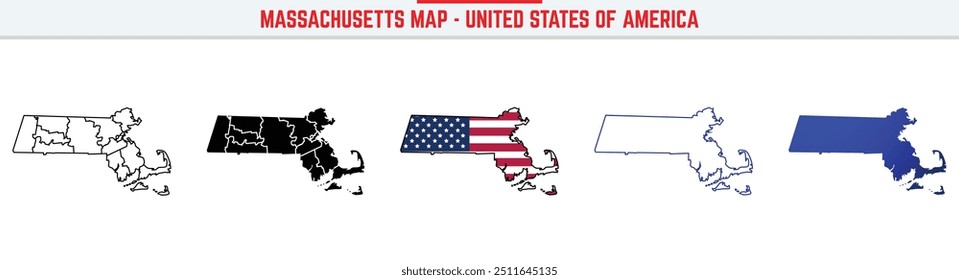 Mapa de Massachusetts con icono de trazo editable. Icono de línea delgada del estado de Massachusetts, Ilustración vectorial de mapa de Massachusetts, Massachusetts, MA mapa de Vector de silueta azul