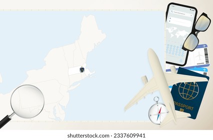 Massachusetts map and flag, cargo plane on the detailed map of Massachusetts with flag, passport, magnifying glass and airplane. Vector template.