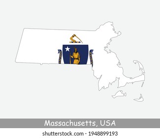 Massachusetts Map Flag. Map of MA, USA with the state flag isolated on white background. United States, America, American, United States of America, US State. Vector illustration. svg