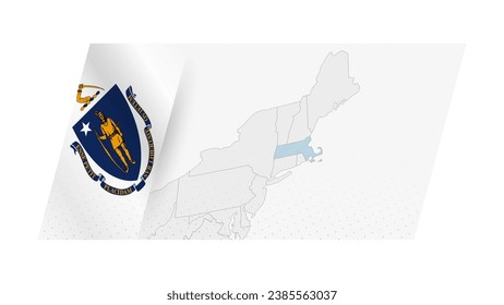 Massachusetts map in modern style with flag of Massachusetts on left side. Vector illustration of a map.
