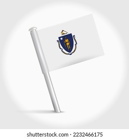 Massachusetts map pin flag icon. Pennant map marker on a metal needle. 3D realistic vector illustration.
