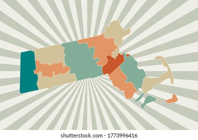 Massachusetts map. Poster with map of the us state in retro color palette. Shape of Massachusetts with sunburst rays background. Vector illustration.