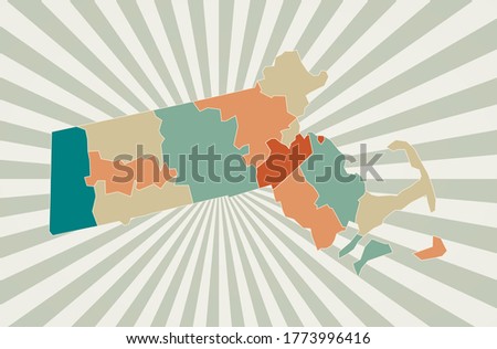 Massachusetts map. Poster with map of the US state in retro color palette. Shape of Massachusetts with sunburst rays background. Vector illustration.