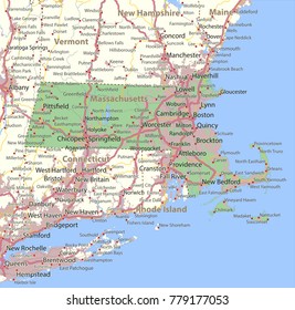 Massachusetts map. Shows state borders, urban areas, place names, roads and highways.
Projection: Mercator.