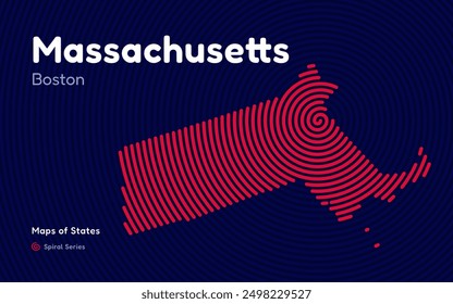 Massachusetts Map in Spiral Formation: Boston Takes Center Stage. Fingerprint and stripes pattern. American states maps.