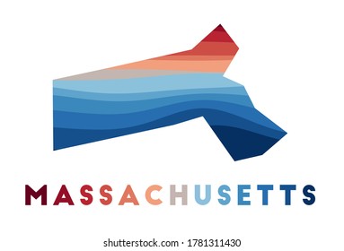 Massachusetts map. Map of the US state with beautiful geometric waves in red, blue colors. Vivid Massachusetts shape. Vector illustration.