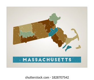 Massachusetts map. US state poster with regions. Old grunge texture. Shape of Massachusetts with US state name. Neat vector illustration.