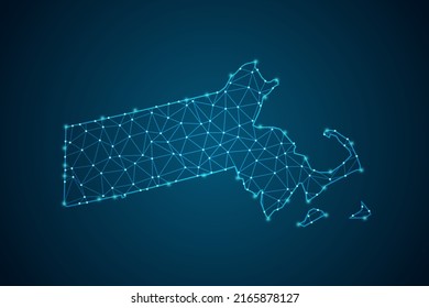 Massachusetts Map - USA Map mash line and point scales on blue technology background. Wire Frame 3D mesh polygonal network line, design sphere, dot and structure -  Vector illustration eps 10