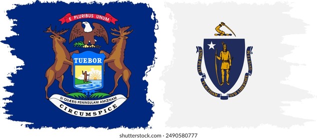 Massachusetts and Michigan states grunge brush flags connection, vector