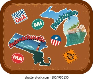 Massachusetts, Michigan Travel Stickers With Scenic Attractions And Retro Text On Vintage Suitcase Background