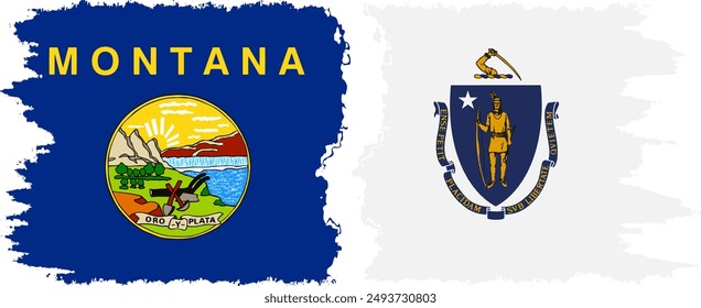 Massachusetts and Montana states grunge brush flags connection, vector