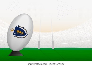 Massachusetts national team rugby ball on rugby stadium and goal posts, preparing for a penalty or free kick. Vector illustration.