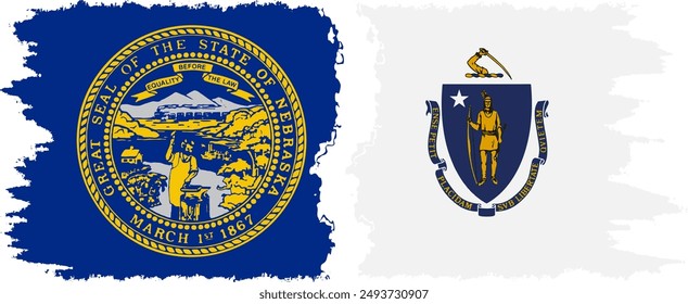 Massachusetts and Nebraska states grunge brush flags connection, vector