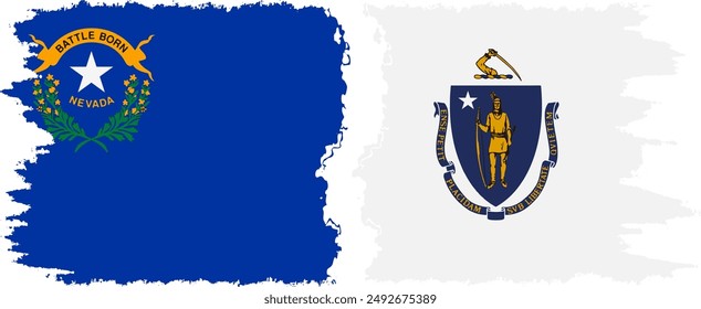 Massachusetts and Nevada states grunge brush flags connection, vector