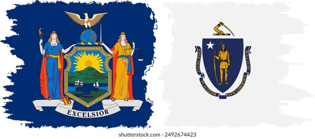 Massachusetts and New York states grunge brush flags connection, vector