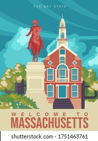 Massachusetts Is On A Tourist Poster. The East State Of The US. Boston Area. Landmarks Are On Printable Card For Tourists In Vintage And Retro Style