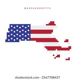 Massachusetts pixel flag map icon. 8 bit pixel art map covered with american flag. Flat vector illustration isolated on white background.