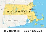 Massachusetts, political map with capital Boston. Commonwealth of Massachusetts, MA. Most populous state in the New England region of the United States. The Bay State. English. Illustration. Vector.