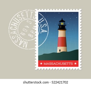  Massachusetts postage stamp design. Vector illustration of lighthouse, night sky and stars. grunge postmark on separate layer