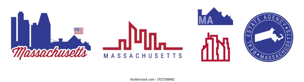 Massachusetts real estate agency. US realty emblem icon set. Flat vector illustration. American flag colors. Big city and suburbs. Simple silhouette map in the round seal stamp.