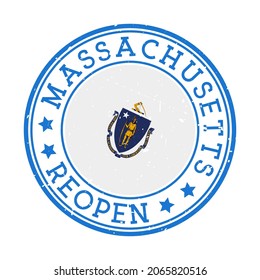 Massachusetts Reopening Stamp. Round badge of US State with flag of Massachusetts. Reopening after lockdown sign. Vector illustration.