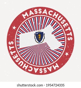 Massachusetts round stamp. Logo of US state with state flag. Vintage badge with circular text and stars, vector illustration.