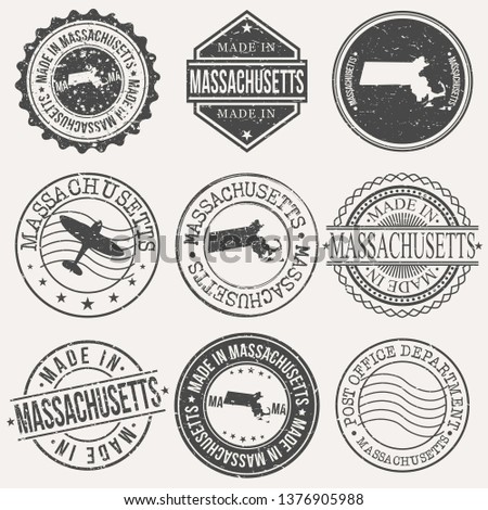 Massachusetts Set of Stamps. Travel Stamp. Made In Product. Design Seals Old Style Insignia.