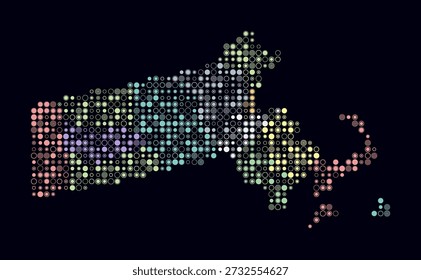 Massachusetts, forma do estado, construção de células coloridas. Mapa de estilo digital do Massachusetts em fundo escuro. Blocos de círculo de tamanho pequeno. Incrível ilustração vetorial.
