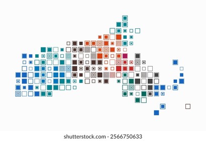 Massachusetts, shape of the state built of colored cells. Digital style map of Massachusetts on a white background. Large size square blocks. Vibrant vector illustration.