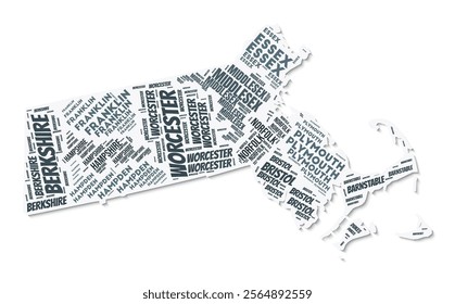 Massachusetts shape text cloud. State border with shadow on white background. Massachusetts with counties division in vintage gazette style. Classy vector illustration.