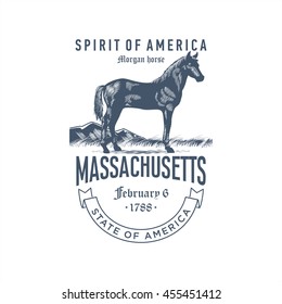 Massachusetts Spirit of America, stylized emblem of the state of America, horse Morgan, blue color