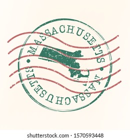 Massachusetts Stamp Postal. Map Silhouette Seal. Passport Round Design. Vector Icon. Design Retro Travel.