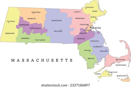 Massachusetts state administrative map with counties and seats. Clored. Vectored. Bright colors