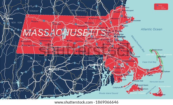 Massachusetts state detailed editable map with cities and towns