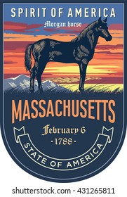 Massachusetts state emblem, sunset on a blue background