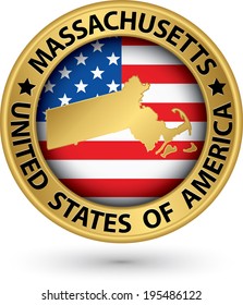 Massachusetts state gold label with state map, vector illustration
