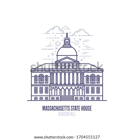 Massachusetts State House located in Beacon Hill city. The seat of government for the U.S. state of Massachusetts. The great example of Federal architecture. City sight linear vector icon