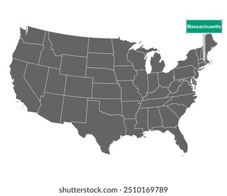 Señal de límite del estado de Massachusetts y mapa de EE.UU. en blanco