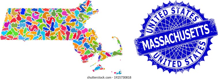 Resumen de mapas del estado de Massachusetts. Mapa de collage de salpicaduras y foco angustiado para el estado de Massachusetts. Sello azul rosetón nítido con leyenda para el mapa del estado de Massachusetts.