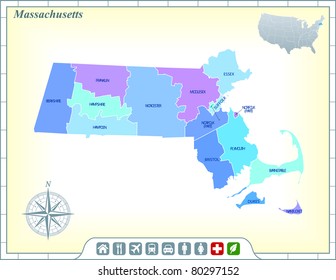 Mapa estatal de Massachusetts con ayuda comunitaria y activa la ilustración original de los iconos