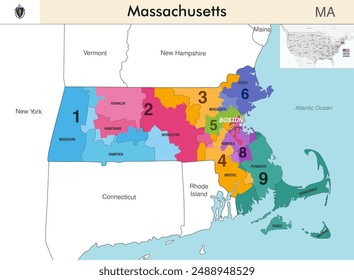 Massachusetts state map with counties borders and colored congressional districts boundaries due to The 2020 United States census and which is valid since 2023. Flag of Massachusetts. Vector