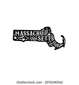 Massachusetts state map with doodle decorative ornaments. For printing on souvenirs and T-shirts