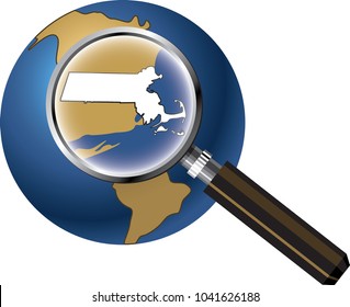 Massachusetts State Map Enlarged with Magnifying Glass on Globe